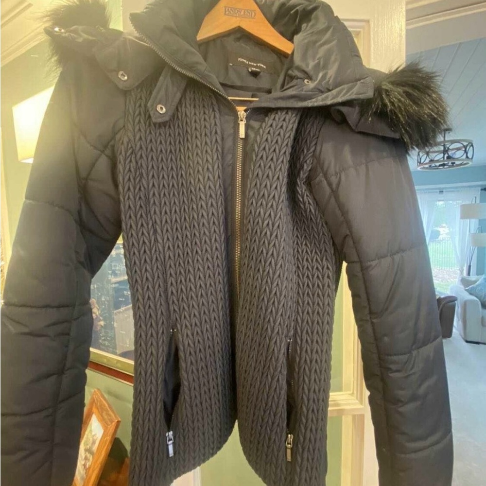 Jones New York Navy Puffer Jacket with Knit Panel